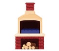 Traditional brick pizza oven with chimney and firewood. Authentic Italian pizzeria equipment. Cozy restaurant or home