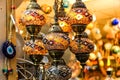 Traditional bright decorative hanging Turkish lamps and colourful lights with vivid colours  in the Istanbul Bazaar, Turkey Royalty Free Stock Photo