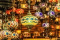 Traditional bright decorative hanging Turkish lamps and colourful lights with vivid colours  in the Istanbul Bazaar, Turkey Royalty Free Stock Photo