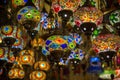 Traditional bright decorative hanging Turkish lights and colourful light lamps with vivid colours in Turkey Royalty Free Stock Photo