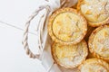 Traditional British Christmas Pastry Dessert Home Baked Mince Pies with Apple Raisins Nuts Filling in Wicker Basket Royalty Free Stock Photo