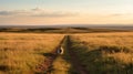 Traditional British Landscapes: A Dog Walking Along A Dirt Road