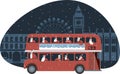 Traditional British red double decker bus full of Santas over Christmas London background. Safety measures during coronavirus