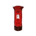 Traditional, British, red, Royal Mail pillar box. Sketch style ink pen. Royalty Free Stock Photo