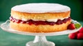 Traditional British sweet pastry Victoria sponge cake with whipped cream frosting and strawberry jam. Holiday dessert baking