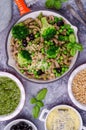 Traditional brown pasta with green vegetables Royalty Free Stock Photo