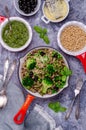 Traditional brown pasta with green vegetables Royalty Free Stock Photo