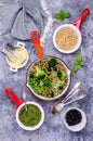 Traditional brown pasta with green vegetables Royalty Free Stock Photo