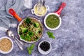 Traditional brown pasta with green vegetables Royalty Free Stock Photo