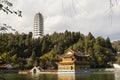 Traditional building in a Chinese park with lake Royalty Free Stock Photo