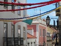 traditional buildings decorated with colorful ribbons, Lisbon, Portugal