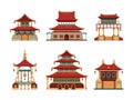 Traditional buildings. Japan and china cultural objects architecture pagoda gate palace heritage vector collection Royalty Free Stock Photo