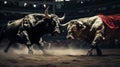 Traditional bullfighting with fierce bull in arena against stunningly bright backdrop Royalty Free Stock Photo