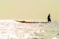 Traditional Burmese fisherman at Inle lake, Myanmar famous for their distinctive one legged rowing style Royalty Free Stock Photo