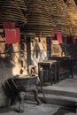 Traditional burning incense coils inside chinese a-ma temple in macau