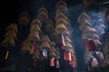 Traditional burning incense coils inside chinese a-ma temple in macau
