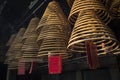 Traditional burning incense coils inside chinese a-ma temple in macau