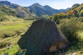 Traditional cabin with a broom roof , teito, in the town of Valle de Lago in Somiedo, Asturias.