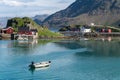 Traditional cabins of fishmen in the sea bay, Finnmark, Norway Royalty Free Stock Photo