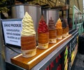 Traditional cakes Trdelnik in the Czech Republic Cooked meats with various fillings in assortment in the center of Prague