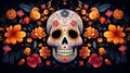 Traditional calavera sugar skull decorated with flowers the day of the dead, AI generated Royalty Free Stock Photo