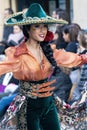 Traditional carnival in a Spanish town Palamos in Catalonia. Many people in costume and interesting make-up. 24. 02. 2020 Spain