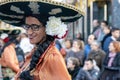 Traditional carnival in a Spanish town Palamos in Catalonia. Many people in costume and interesting make-up. 24. 02. 2020 Spain