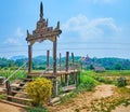 Traditional carved wooden gate of Su Tong Pae bamboo bridge, Mae Hong Son suburb, Thailand