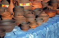 Traditional Ceramic Jugs on Decorative Towel. Showcase of Handmade Ceramic Pottery in a Roadside Market with Ceramic Pots and Clay