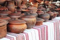 Handmade pottery. Traditional Ceramic Jugs. Handmade Ceramic Pottery with Ceramic Pots and Clay Plates. Royalty Free Stock Photo