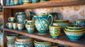 Traditional Ceramic Pottery Display on Wooden Shelves Royalty Free Stock Photo