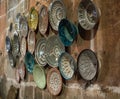 Traditional ceramic pottery on the wall of Morocco bazaar, Marakesh Royalty Free Stock Photo