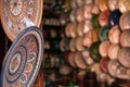 Traditional ceramic pottery on the wall of Morocco bazaar, Marakesh Royalty Free Stock Photo