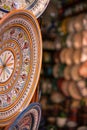 Traditional ceramic pottery on the wall of Morocco bazaar, Marakesh Royalty Free Stock Photo