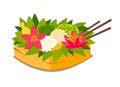 Traditional ceremonial basket with fruit and food. vector illustration