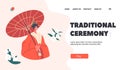 Traditional Ceremony Landing Page Template. Geisha Woman. Female Character in Japanese Dress, Hairstyle, Makeup Royalty Free Stock Photo