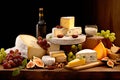 Traditional cheese platter with nuts, grapes and various types of cheese. Assortment of different snack for wine