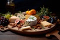 Traditional cheese platter with nuts, grapes and various types of cheese. Assortment of different snack for wine