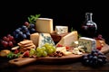 Traditional cheese platter with nuts, grapes and various types of cheese. Assortment of different snack for wine