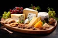 Traditional cheese platter with nuts, grapes and various types of cheese. Assortment of different snack for wine