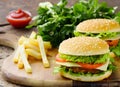 cheeseburger with salad and french fries Royalty Free Stock Photo