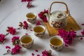 Traditional cherry blossom decorated Japanese tea set filled with green tea and fresh red cheery blossom