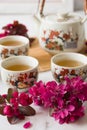 Traditional cherry blossom decorated Japanese tea set filled with green tea and fresh red cheery blossom