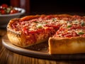 Traditional Chicago Pizza with Salami and Cheese on wooden table. Ai Generative