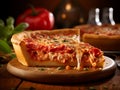 Traditional Chicago Pizza with Salami and Cheese on wooden table. Ai Generative