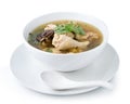 Traditional chicken broth on white background