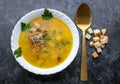 Traditional chicken noodle soup, overhead scene on a rustic wooden background Royalty Free Stock Photo