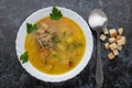 Traditional chicken noodle soup, overhead scene on a rustic wooden background Royalty Free Stock Photo