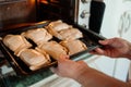 Traditional Chilean Cuisine: Unrecognizable Latina Woman Taking a Tray of Chilean Baked Empanadas to the oven