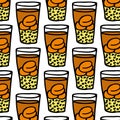 Traditional chilean drink mote con huesillo seamless doodle pattern, vector color illustration